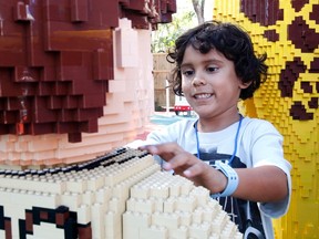 Diego Gonzalez, 5, touches a zookeeper, constructed out of Lego bricks, at Legoland Florida during its grand opening celebration in Winter Haven, Florida October 14, 2011. REUTERS/Pierre DuCharme