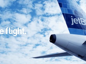 The JetBlue logo seen on the side of a plane. (QMI Agency/Handout)