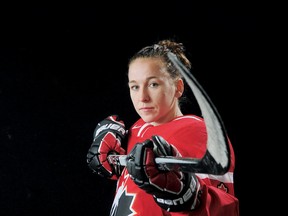 Jocelyne Larocque (above) and Bailey Bram both hail from the small Manitoba town of Ste. Anne but both have hit new heights by getting named to the Canadian women’s hockey team that will take part in the world championship in Vermont.(ANDY DEVLIN/Hockey Canada Images)