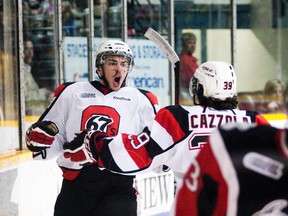 Ottawa 67's Shane Prince celebrates his first-period goal with Mike Cazzola against the Niagara IceDogs at the Gatorade Garden City Arena. April 22 2012. BOB TYMCZYSZYN/ST. CATHARINES STANDARD/QMI AGENCY