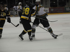 Portage Terriers Tanner Waldvogel (right) scored the game-winning goal in the third period to beat the Humboldt Broncos 3-2 in Game 4 of the ANAVET Cup on Wednesday. (DAN FALLOON/QMI Agency)