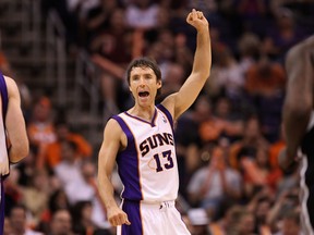 Steve Nash #13 of the Phoenix Suns reacts during the NBA game against the San Antonio Spurs at US Airways Center on April 25, 2012 in Phoenix, Arizona. The Spurs defeated the Suns 110-106. (Christian Petersen/Getty Images/AFP)