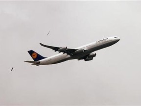 Birds fly by a Lufthansa Airbus A340 plane taking off from the Calgary International Airport on a flight to Europe in Calgary, Alberta, July 5, 2009. Reuters/Todd Korol