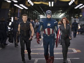 Among the superheroes in The Avengers are (from left to right) Jeremy Renner as Hawkeye, Chris Evans as Captain America and Scarlett Johansson as Black Widow.