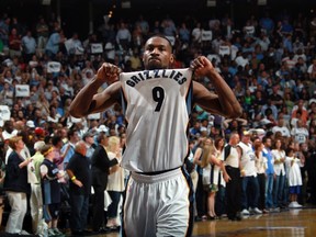 Memphis Grizzlies guard Tony Allen celebrates a Memphis lead over the San Antonio Spurs late in the second half of a first round Western Conference Game 6 matchup a season ago. (REUTERS)