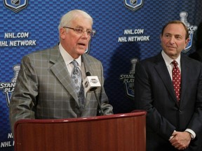 Former San Jose Sharks CEO Greg Jamison speaks after NHL commissioner Gary Bettman (right) announced that the league has a tentative deal to sell the Phoenix Coyotes to his group. (DARRYL WEBB/Reuters)