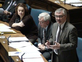 Finance Minister Stan Struthers tries to explain Tuesday in the Manitoba Legislature why NDP-appointed board members at MLCC attended Winnipeg Jets hockey games this year on the public dime.