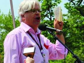 Fred Hahn, President of CUPE Ontario, speaks at a Windsor rally. CUPE Ontario workers met at a rally on May 24 to protest government cuts.
