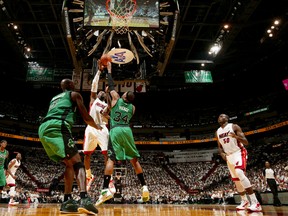 LeBron James - #6 of the Miami Heat - shoots against Paul Pierce - #34 of the Boston Celtics - in Game Two of the Eastern Conference Finals during the 2012 NBA Playoffs on May 30, 2012 at American Airlines Arena in Miami, Florida. Nathaniel S. Butler/NBAE via Getty Images/AFP