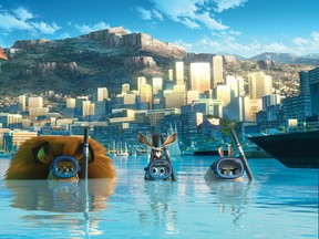 Melman the Giraffe (David Schwimmer), Alex the Lion (Ben Stiller), Marty the Zebra (Chris Rock) and Gloria the Hippo (Jada Pinkett Smith) go undercover in Monaco on a search for the Penguins in DreamWorks Animation's Madagascar 3: Europe's Most Wanted, to be released by Paramount Pictures. (Courtesy of DreamWorks Animation)