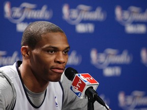 Oklahoma Thunder's Russell Westbrook speaks to the media before practice for Game 3 of the NBA basketball finals in Miami, Florida June 16, 2012. Thunder will play Miami Heat in Game 3 of the NBA basketball finals on Sunday. (Andrew Innerarity/REUTERS)