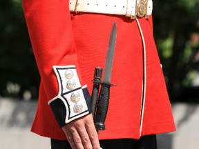 A 20-year-old ceremonial guard is in serious condition after he accidentally stabbed himself during a parade on Parliament Hill on Wednesday, June 27, 2012. The man was a member or the Governor Generals Foot Guards and carried a gun-mounted bayonet like this one.
Photo.com photo.
