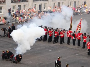 The Fort Henry Guard fires a volley during the first Sunset Ceremony of the 2012 season.
