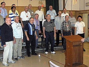 Richard Lauzon, member and singing coach, helps the Sarnia Bluewater Chordsmen  practice  their vocals.  The group meets at 7 p.m. on Tuesday evenings, at the parish hall of All Saints Anglican Church on Vidal St. The group is looking for new members, who are invited to come out to practices. SUBMITTED PHOTO