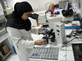 Afghan technicians study patient samples under a microscope in a laboratory at The French Medical Institute for Children in Kabul last May. According to a 2012 report by Save the Children, improved healthcare and the rise of females attending school have made Afghanistan climb up from its position as the worst place on earth to be a mother. Despite the better healthcare, some 275 children die every day in the country of 30 million.
AFP