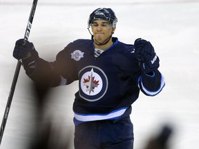 Evander Kane of the Winnipeg Jets celebrates his go-ahead goal in the third period during their NHL game against the Philadelphia Flyers at MTS Centre in Winnipeg on February 21, 2012.