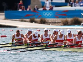 Team Canada reacts at the finish line of the men's eight repechage at Eton Dorney during the London 2012 Olympic Games July 30, 2012. (Jim Young/REUTERS)