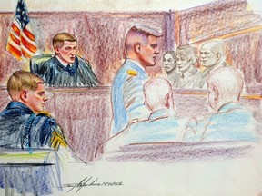 Sergent Adam Holcomb (L), looks on during court-martial proceedings at Fort Bragg, North Carolina in this artist’s rendering July 24, 2012.  REUTERS/Jerry Mcjunkins