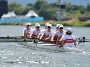 The Canada team rows in the women's eight heat at Eton Dorney during the London 2012 Olympic Games July 29, 2012.