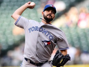 Toronto Blue Jays starting pitcher Carlos Villanueva throws against the Seattle Mariners during the second inning of their American League game at Safeco Field in Seattle, August 1, 2012.  (REUTERS)