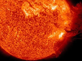 A handout picture shows Coronal Mass Ejection as viewed by the Solar Dynamics Observatory on June 7, 2011. The Sun unleashed an M-2 (medium-sized) solar flare, an S1-class (minor) radiation storm and a spectacular coronal mass ejection (CME) on June 7, 2011 from sunspot complex 1226-1227. (REUTERS/NASA/SDO/Handout)