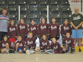 The Portage Jr. Trojans lacrosse teams shows off the new jerseys they received with help from JL Agronomics and Pioneer Seeds.
Back row: Al Patterson (coach), Ryan Botterill, Kylyn Shindle, Erin Owens, Emma Mooney, Riley Borody, Brooke Patterson, Graham Shindle (coach).
Front row: Medah Fletcher, Brandon Patterson, Grady Mooney, Danika Botterill, Maddox Shindle, Ty Hogue.
(Dan Falloon/Portage Daily Graphic)