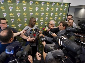 Edmonton Eskimos running back Cory Boyd speaks with media at a press conference held at Commonwealth Stadium in Edmonton on Aug. 14, 2012. (IAN KUCERAK/QMI AGENCY)