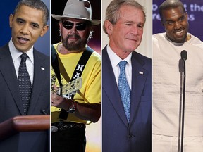Barack Obama, Hank Williams, Jr., George W. Bush and Kanye West (WENN.COM, AFP, photos)