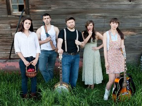 Left to right; Melissa Heagy, Brennan Campbell, Trent Wilkie, Candice Fiorentino and Brianne Jang from MIDDLETON a folk musical, a musical playing at the 2012 Edmonton Fringe Festival. Poiema Productions presents "MIDDLETON a folk musical". Come take a trip to Middleton, Nova Scotia; a small town steeped in love, grief, and gossip where life seldom changes but is rarely what it seems. Music by Danielle Knibbe and her band, Marilla. Directed by Louise Large. Written by Brianne Jang and Sara Vickruck. PHOTO BY JUSTIN BENKO