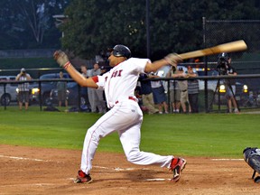 Josh McCurdy laces a double for the Brantford Red Sox's first hit of Game 3 in the Sox's Drive for Five, on Monday, August 27, 2012, at the Arnold Anderson Stadium. (Expositor File Photo)