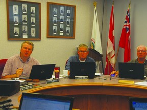 Reeve Kam Blight, left, and councillors Dale Wood, centre, and Kevin Blight, right, at a Rural Municipality of Portage la Prairie council meeting.(Portage Daily Graphic file photo)