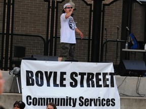 Edmonton rapper Aaron 'NikkDog' Lightening performs at the Boyle Street Youth Services 4-on-4 Streetball Showdown in downtown Edmonton behind the Stanley A. Milner Library on Saturday, August 4, 2012.  TREVOR ROBB Edmonton Examiner