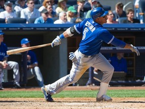 Jays batter Yunel Escobar swats a two run home run off Yankees starter CC Sabathia during sixth inning action in New York on Wednesday, Aug. 29, 2012. (Ray Stubblebine/Reuters)