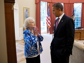 U.S. President Barack Obama talks with actress Betty White in the Oval Office at the White House in Washington in this handout photo taken June 11, 2012.   (REUTERS/Pete Souza/The White House/Handout)