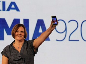 Jo Harlow, executive vice president of Nokia, introduces the new Lumia 920 phone with Microsoft Windows 8 operating system at a launch event in New York, Sept. 5, 2012. REUTERS/Brendan McDermid
