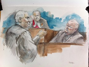 Defence attorney Clayton Ruby questions Mayor Rob Ford before Justice Charles Hackland inside a University Ave. courtroom on Sept. 5, 2012. (Pam Davies sketch/Special to the Toronto Sun)
