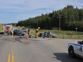 Two people were killed in Sunday’s crash on Highway 63 and resulted in two others being taken to Edmonton-area hospitals. (Supplied/RCMP)