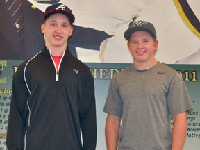 Twin brothers Lyndon and Bryce Lipinski, from Grande Prairie, Alta., are hoping to crack this year’s Portage Terriers squad. (Dan Falloon/Portage Daily Graphic)
