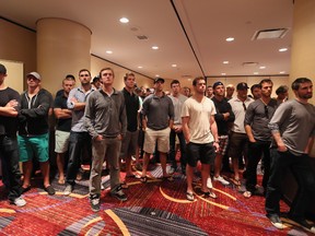 NEW YORK, NY - SEPTEMBER 13: Facing an imending NHL lockout, players attend the press conference following NHLPA meetings at Marriott Marquis Times Square on September 13, 2012 in New York City.    Bruce Bennett/Getty Images/AFP