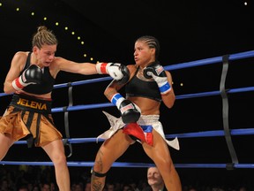 Melissa Hernandez (right) defeated Jelena Mrdjenovich in a unanimous decision in the co-main event at the Poosites Attract boxing card at the Shaw Conference Centre in Edmonton on Fri., Spet. 14. GUHDAR PHOTOGRAPHY