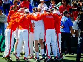 Milos Raonic, representing Canada, faced South Africa's Izak Van der Merwe at the Davis Cup on Sunday, September 16, 2012 at Uniprix Stadium in Montreal. (CHARLES WILLIAM PELLETIER/QMI Agency)