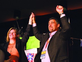 Ontario NDP leader Andrea Horwath and USW District 6 director Wayne Fraser acknowledge an audience at a United Steelworkers conference in Greater Sudbury on Monday, September 17, 2012. JOHN LAPPA/THE SUDBURY STAR/QMI AGENCY