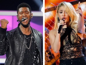 Usher and Shakira perform in this composite photo. (Reuters/FRED PROUSER, MARIO ANZUONI)