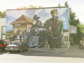 This mural depicts Sherrif Umbach in 1907 and the train he chained to the tracks for non payment of taxes owed to to the Town of Stony Plain. Once the railway paid the taxes, it was allow to proceed on its way. The Town of Stony Plain is working to maintain and expand its mural program in order to boost economic activity, promote community pride and local history and attract families to the area. Two new murals will be unveiled within the next month.