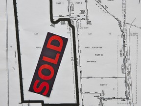 A sold sticker on a site diagram of the Brant 403 industrial park shows the 82-acre parcel of land on which Adidas Canada will build a new distribution centre.
BRIAN THOMPSON/BRANTFORD EXPOSITOR