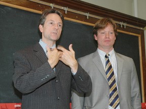 Algoma University president Richard Myers (left) and Andrew Gunn, trustee for the estate of Dorothy Palmer, address the crowd during Algoma University St. Thomas's grand opening party Friday afternoon.