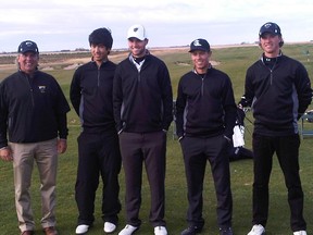 The University of Manitoba Bisons golf team (left to right): Coach Garth Goodbrandson, Burke Wiebe, Bryce Barr, Josh Wytinck, and Charlie Boyechko (missing: Scott Mazur) have won four straight team titles, a school record. (Kevin Hirschfield/WINNIPEG SUN)