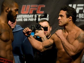 Jon (Bones) Jones, playing it cool with Vitor Belfort in his face during yesterday’s weigh-in, has taken much the same approach with Dana White after being criticized by the UFC president for not joining the UFC 151 card at the last minute. (Dave Thomas/Toronto Sun)