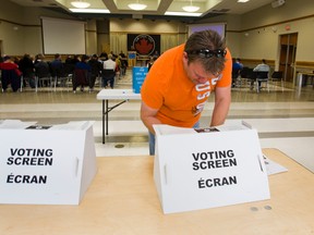 A Ford employee casts his ballot Sunday during a ratification meeting at the CAW Local 1285 Hall in Brampton. (ERNEST DOROSZUK, Toronto Sun)