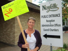 JoAnn Boutilier of Vanessa protested outside Governor Simcoe Square last November to let Norfolk council know what she thinks about a proposed conversion of the former Bick’s Pickle tank farm northeast of Delhi into a biogas generation facility. (MONTE SONNENBERG Simcoe Reformer)